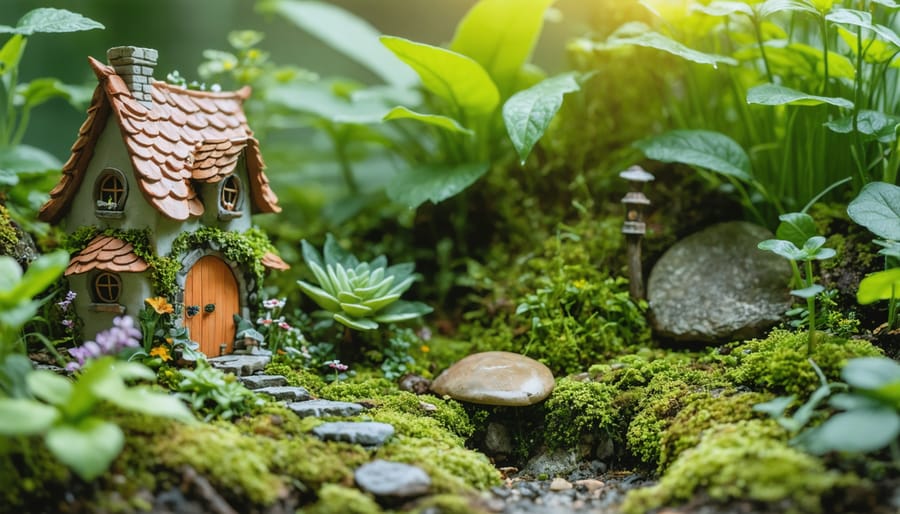 Detailed view of miniature fairy garden with tiny houses and living plants