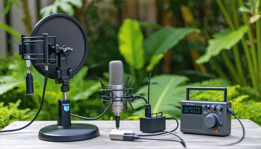 Professional podcast recording equipment setup in an outdoor garden environment