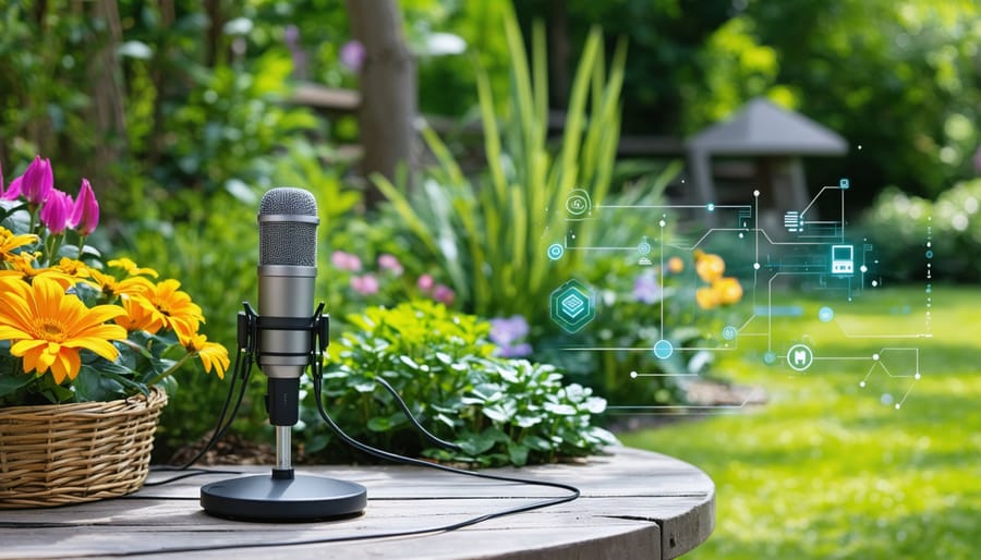 Illustration depicting a modern podcast setup nestled in a garden, showcasing a microphone among lush plants with symbols of connectivity and broadcasting.