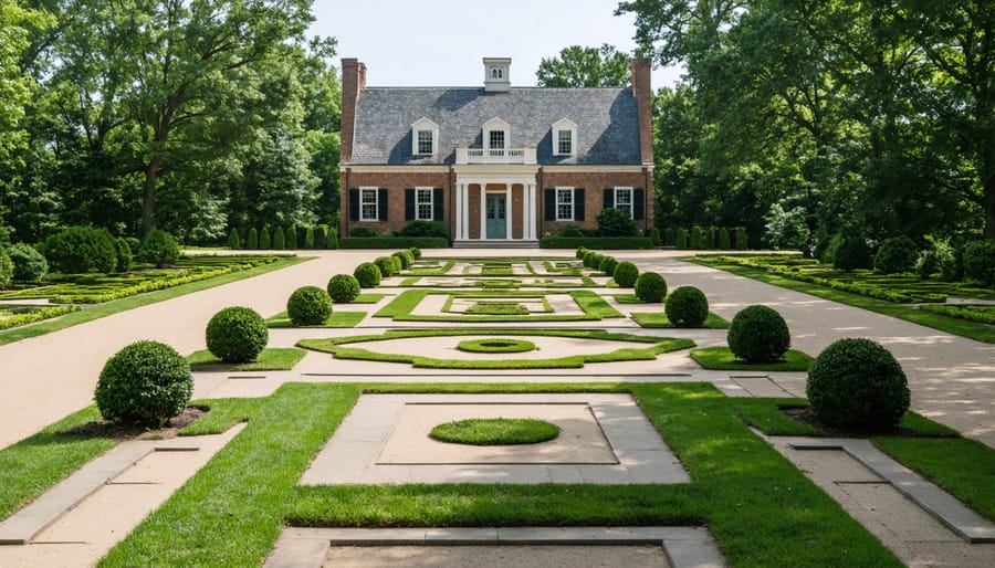 Aerial view of formal colonial garden with geometric boxwood hedges and brick pathways