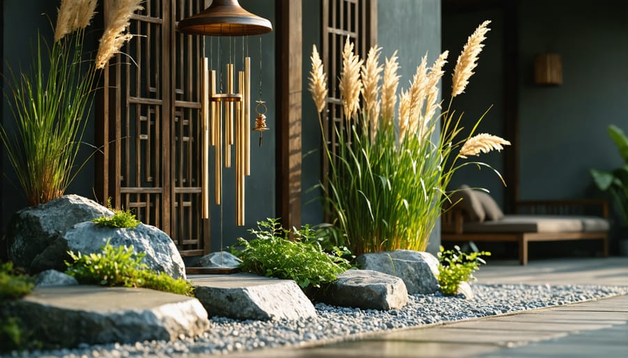 Tall ornamental grasses moving in wind next to copper wind chimes