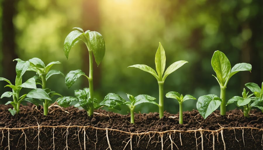 Macro close-up of healthy plant roots growing through well-structured container potting soil