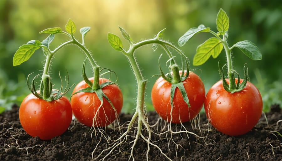 Close-up of healthy tomato plant roots growing through dark nutrient-rich soil