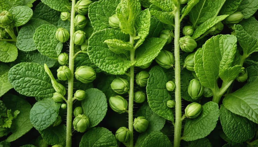 Vintage seed saving station with heirloom seed packets, dried seeds in glass jars, and wooden labels
