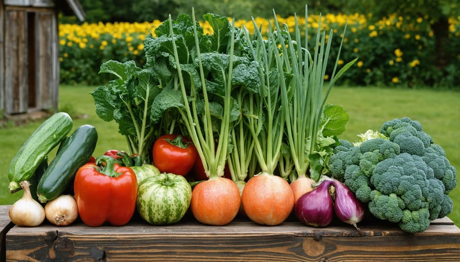 Gardener's hands holding freshly harvested heirloom vegetables including colorful tomatoes and squash