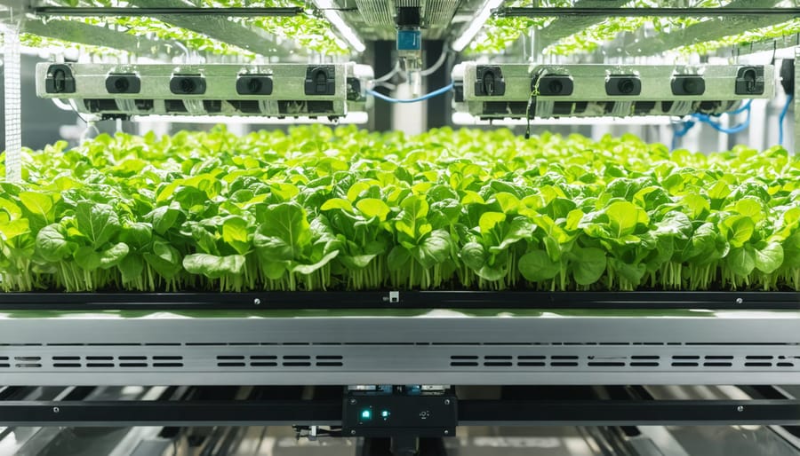 Rows of lettuce growing in white hydroponic channels with flowing water
