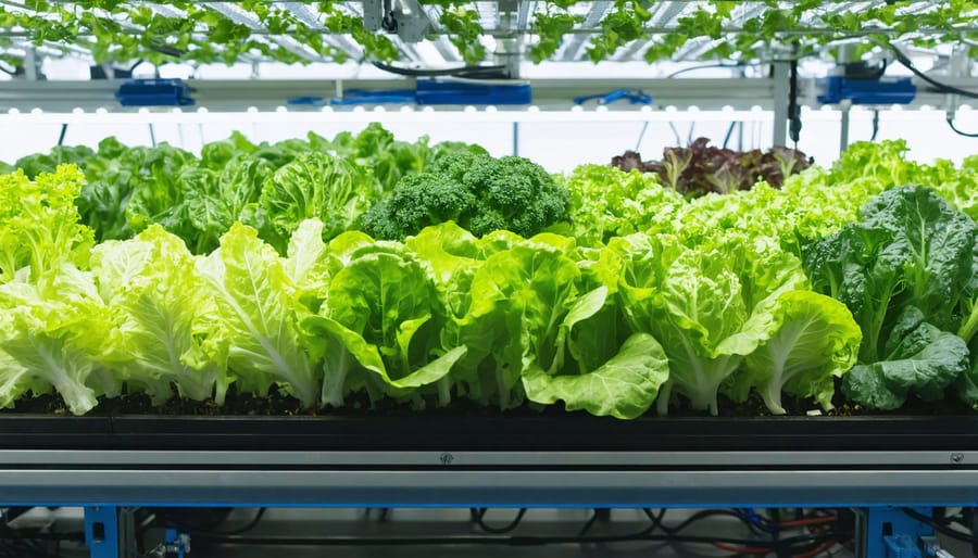 "Indoor hydroponic garden with leafy greens growing in a nutrient-rich water system within a modern setup."