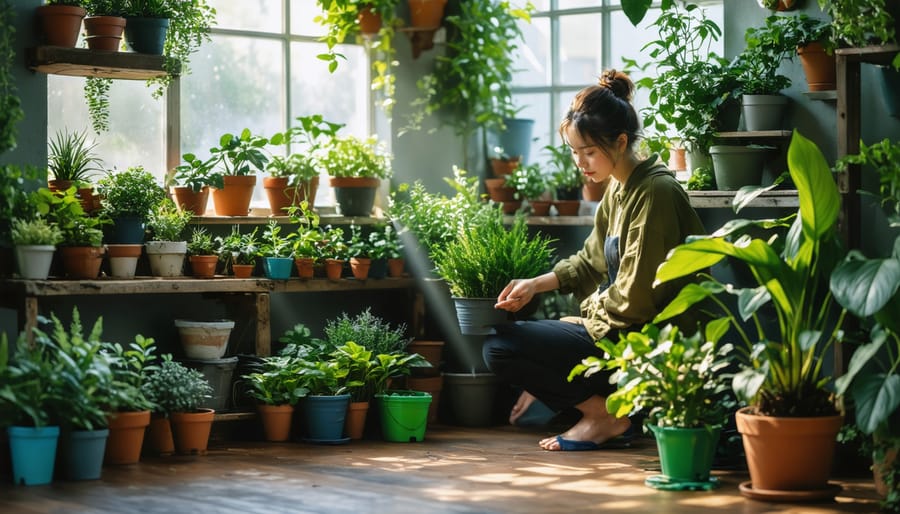 A peaceful indoor garden corner with a person tending to various potted plants, basking in warm natural light from a nearby window. The scene captures the essence of tranquility and mental wellness through gardening.
