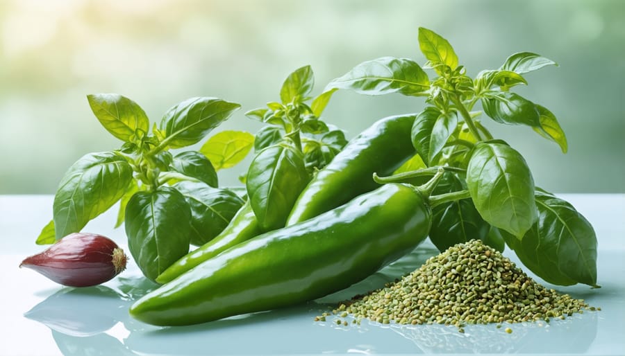 Jalapeno pepper plant growing harmoniously with basil and oregano companions
