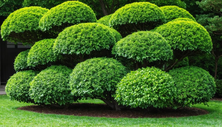 Boxwood shrubs shaped into organic flowing forms in Japanese garden style