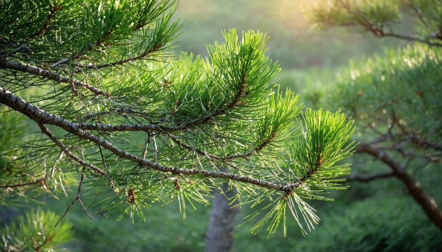 "Close-up of a Japanese pine tree pruned using niwaki techniques, with soft lighting and a garden backdrop."