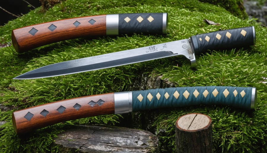 Collection of traditional Japanese pruning tools on wooden surface