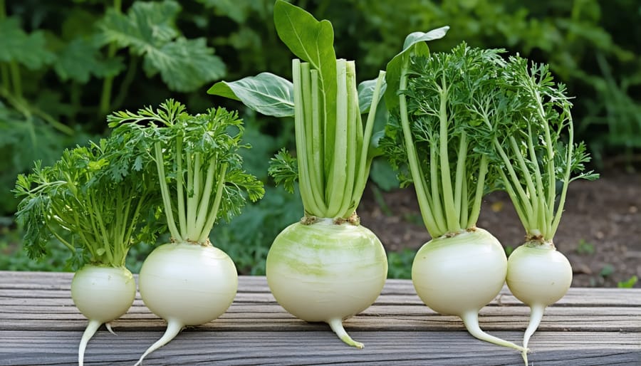 Healthy kohlrabi plant surrounded by aromatic herb companions showing successful companion planting