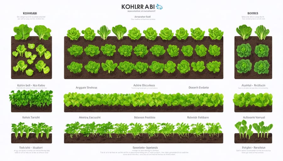 Illustrated planting layout showing proper spacing between kohlrabi and companion plants