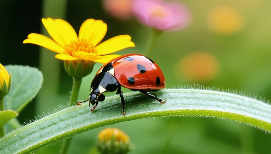 "Close-up of a vibrant ladybug sitting on a leaf with a blurred garden in the background."