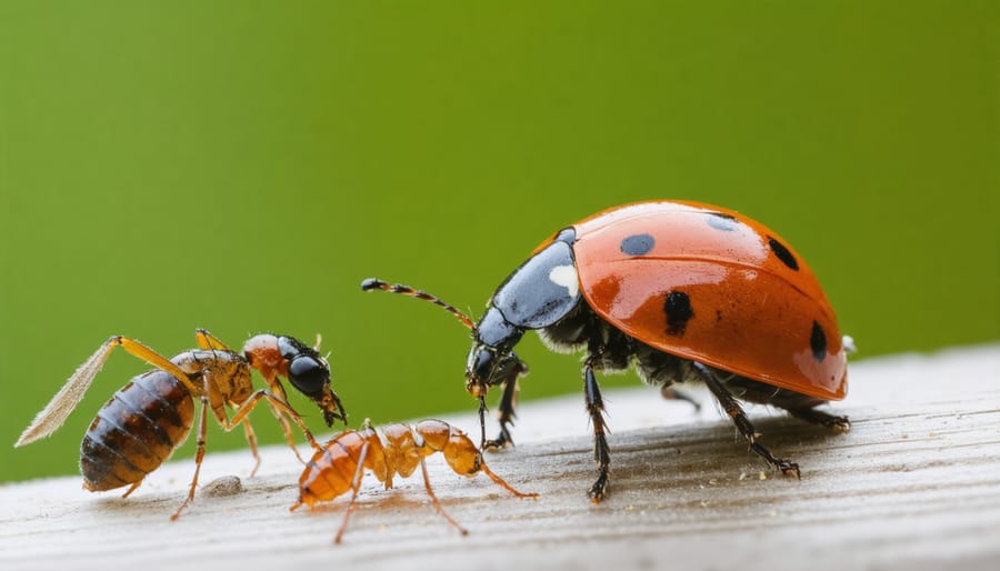 Close-up of red ladybug eating aphids on a green leaf
