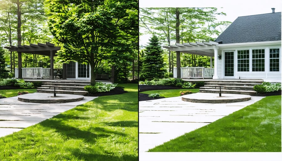 Before and after comparison showing transformation from overgrown backyard to beautifully landscaped garden with stone pathway and flower beds