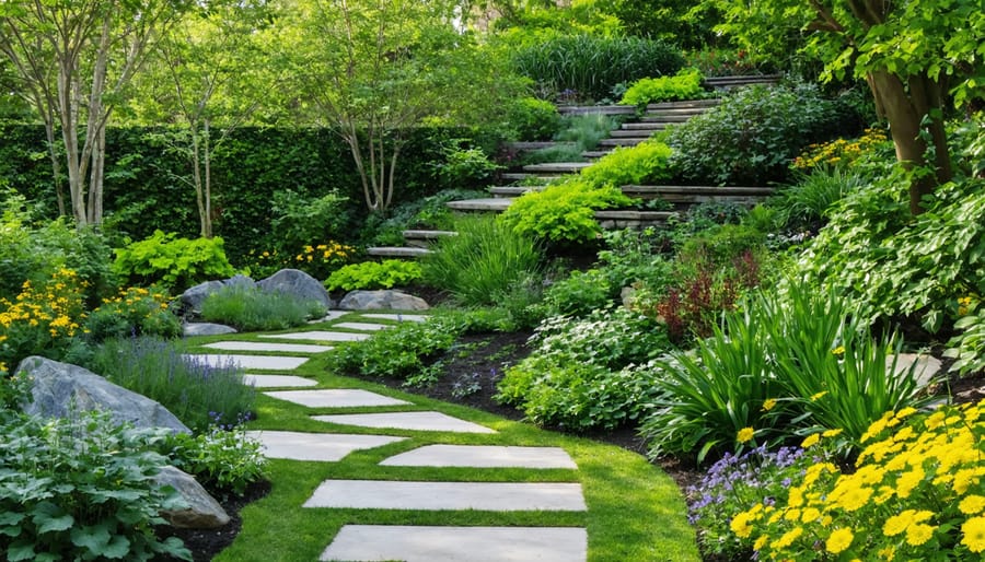 Layered garden design showing trees, shrubs, and ground plants working together in natural zones
