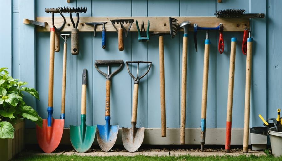 Garden spade and rake leaning against wooden shed wall during sunset