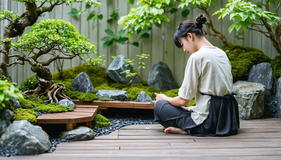 Individual carefully pruning bonsai and arranging stones in a compact zen garden space