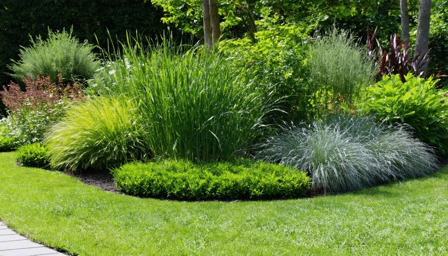 Garden border displaying various ornamental grasses with contrasting forms and colors