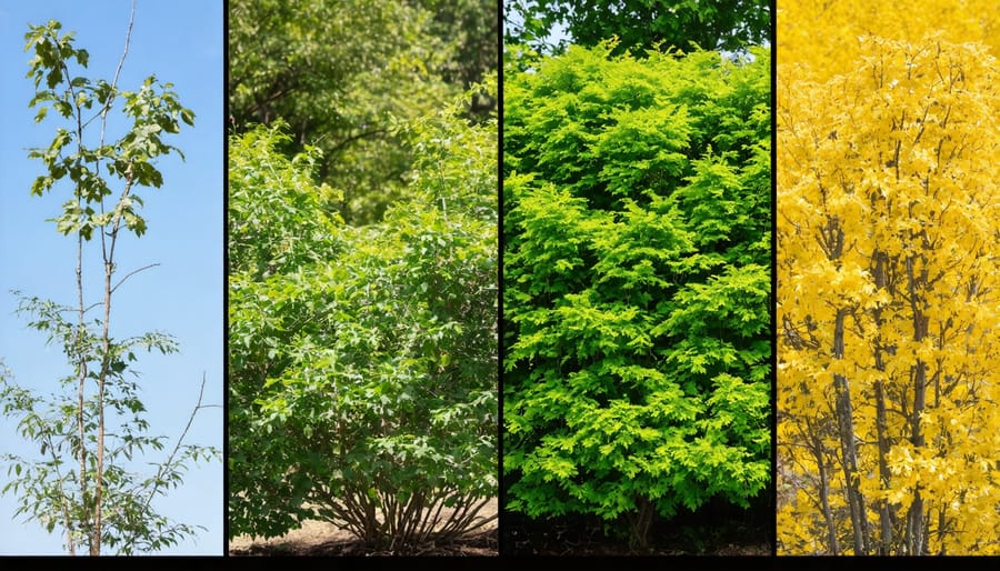 Four-season comparison of popular Zone 6 native shrubs showing seasonal changes