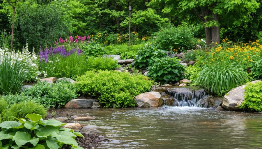 Natural rain garden depression with native plants and subtle grading for water management