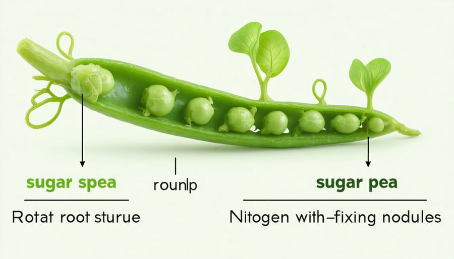 Cross-section illustration of sugar snap pea roots showing nitrogen-fixing nodules and soil interaction