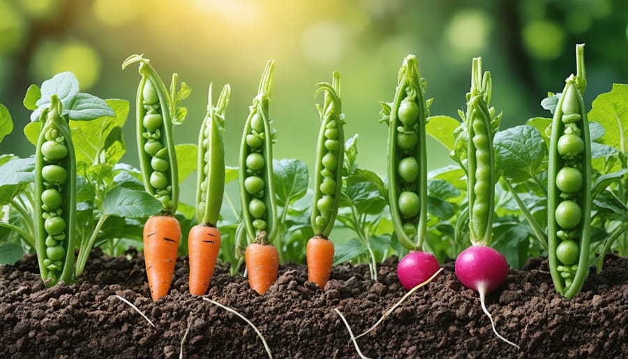 Healthy sugar snap peas on trellises with carrots and radishes growing at their base
