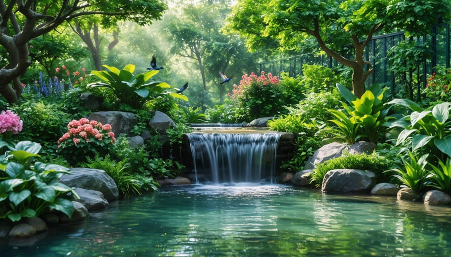 "Serene backyard garden with a small waterfall, lush greenery, and birds in flight, creating a tranquil natural setting."