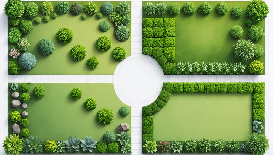 Illustrated garden map with sunlight patterns and suggested plant spacing measurements