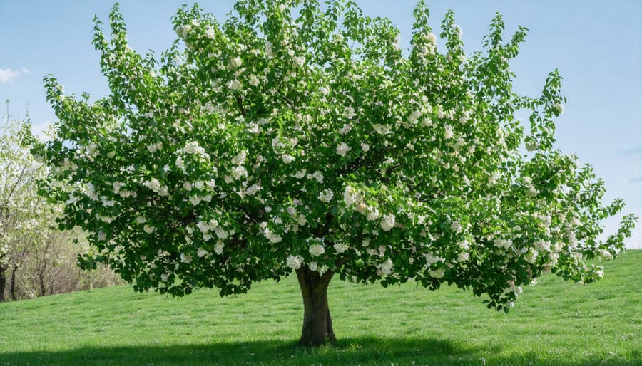 Mature plum tree covered in white spring blossoms against blue sky