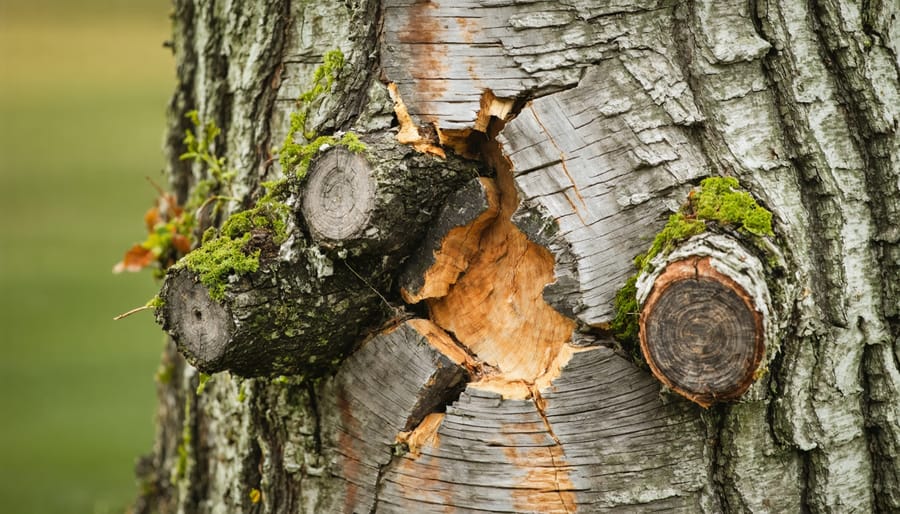 Close-up of well-executed pruning cut on plum tree branch showing proper healing