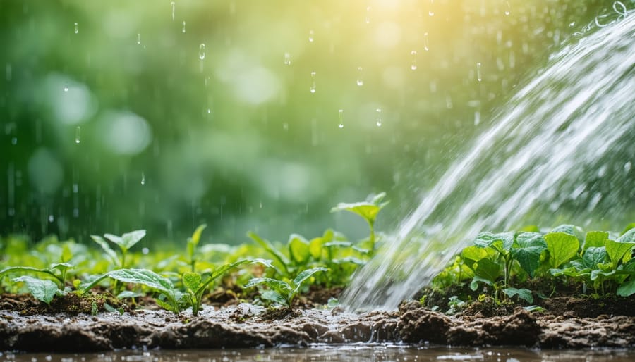 Rainwater collection barrel next to raised garden beds with growing vegetables