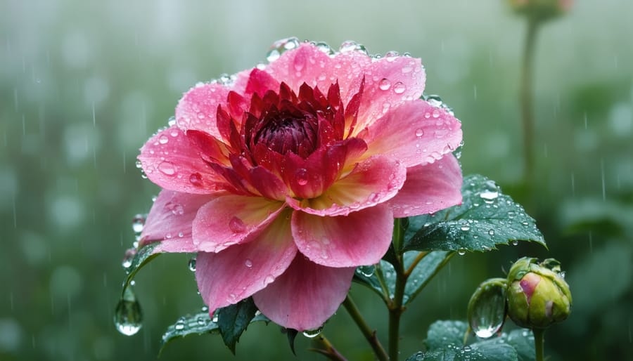 Close-up of a vibrant flower with sparkling water droplets on its petals against an overcast sky, exemplifying the beauty of garden photography in the rain.
