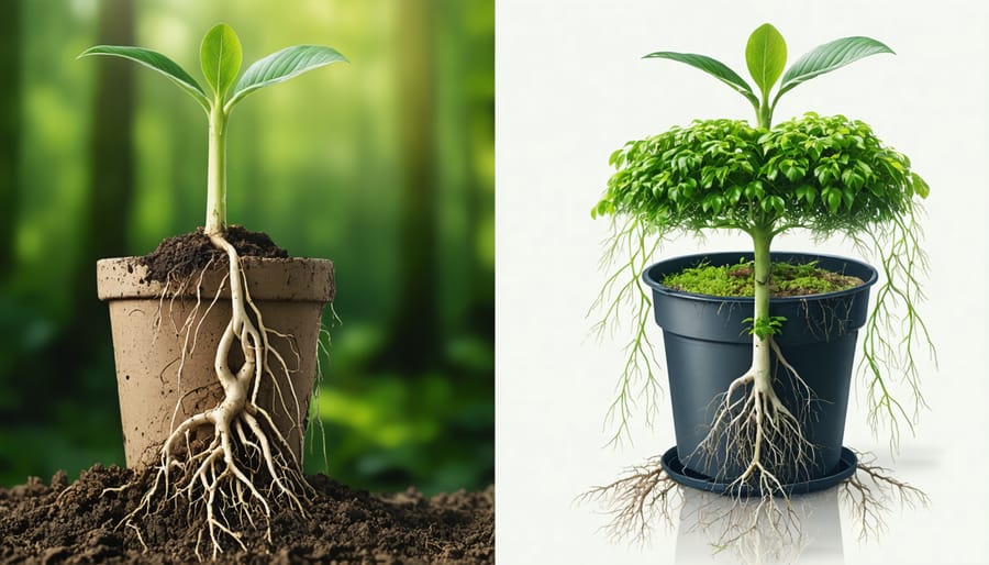 Comparison showing healthy root growth in biodegradable pot next to confined roots in plastic pot