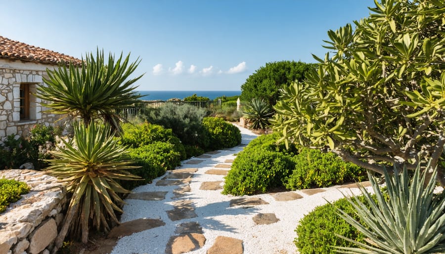 Flourishing coastal garden featuring lavender, rosemary, and ornamental grasses