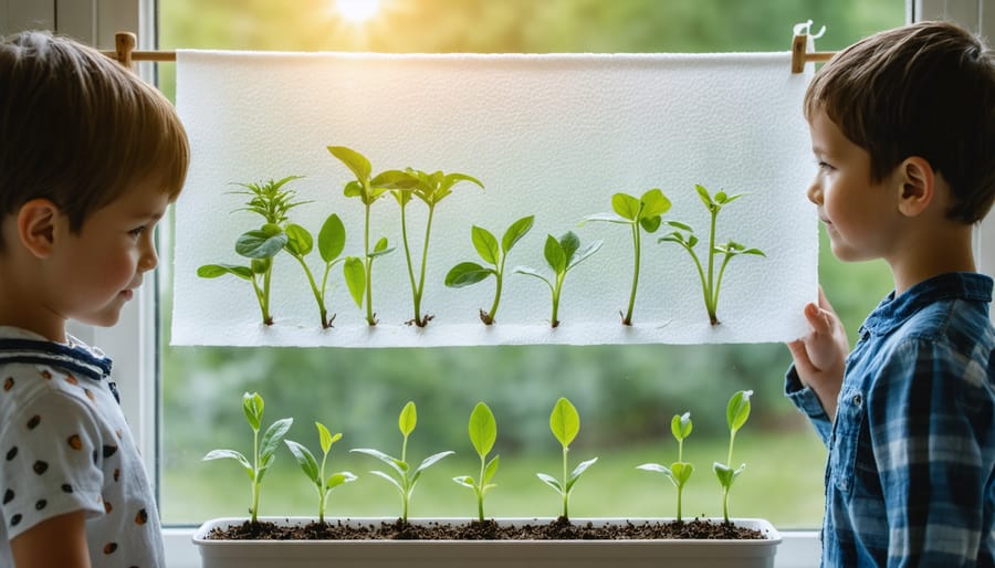 Two children watching bean seeds sprouting between glass and paper towel