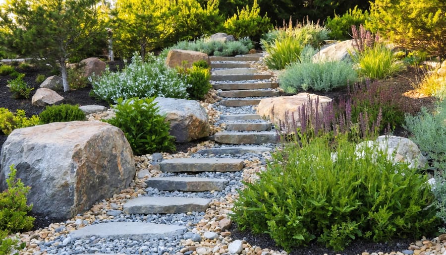 A well-maintained rock garden showcasing large boulders and clusters of smaller rocks, interspersed with drought-resistant plants and lush greenery, depicting an effortlessly beautiful and low-maintenance landscape.