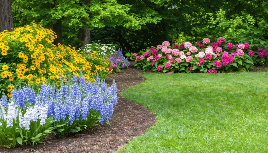 Colorful perennial garden displaying multiple flowers blooming at different heights and stages