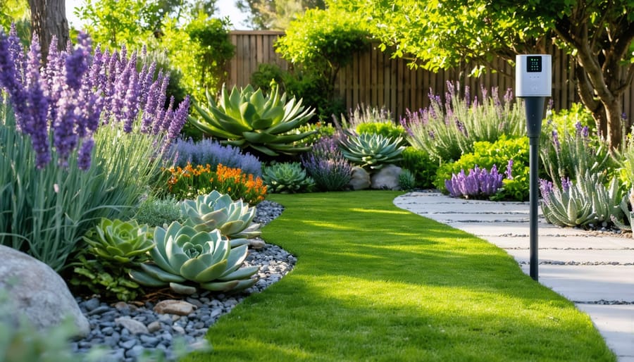A lush garden featuring a diverse selection of drought-resistant plants and a smart drip irrigation system, illustrating the blend of technology and natural beauty for efficient water use.
