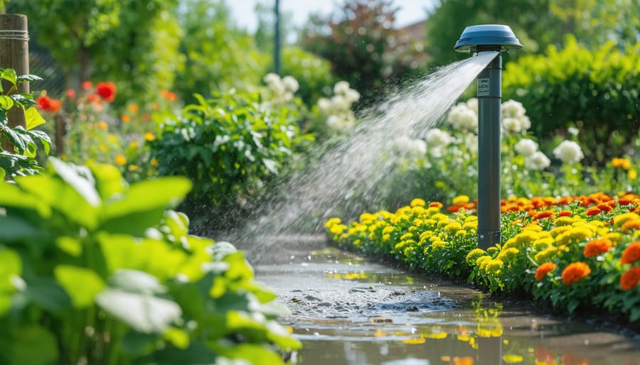 Healthy vegetable garden with visible drip irrigation system among growing plants