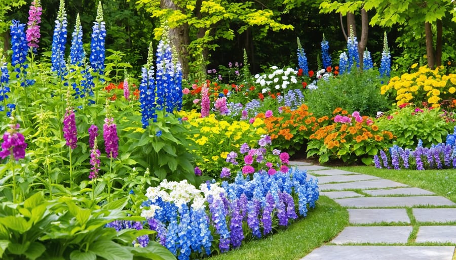 A meticulously designed perennial garden displaying plants with varying heights and colors, organized in zones to optimize growth and maintenance. The image illustrates a range of flowering seasons, with taller plants in the background and lower, ground-cover plants lining the borders.