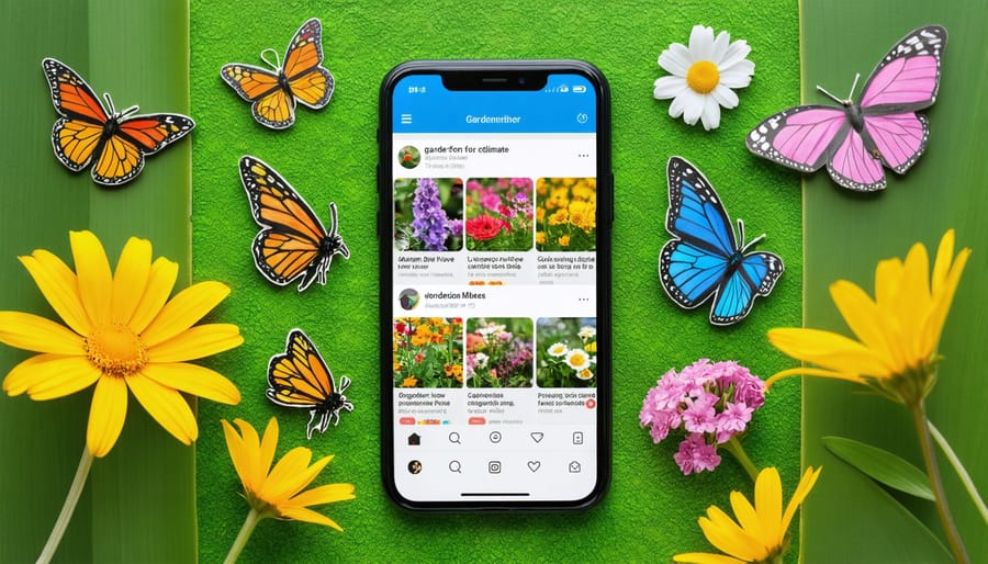 An artistic representation of a smartphone displaying a variety of garden images and hashtags, surrounded by visuals of organic gardens and pollinators, illustrating the impact of social media on environmental gardening.