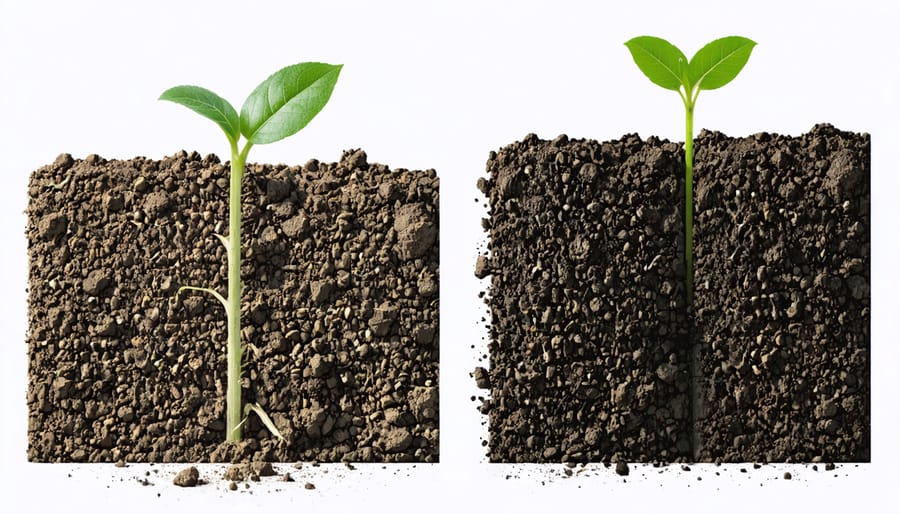 Comparison showing loose, crumbly healthy soil next to dense, compacted soil