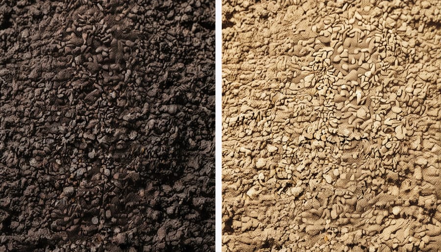 Two soil samples showing the structural difference between dense garden soil and lighter potting mix
