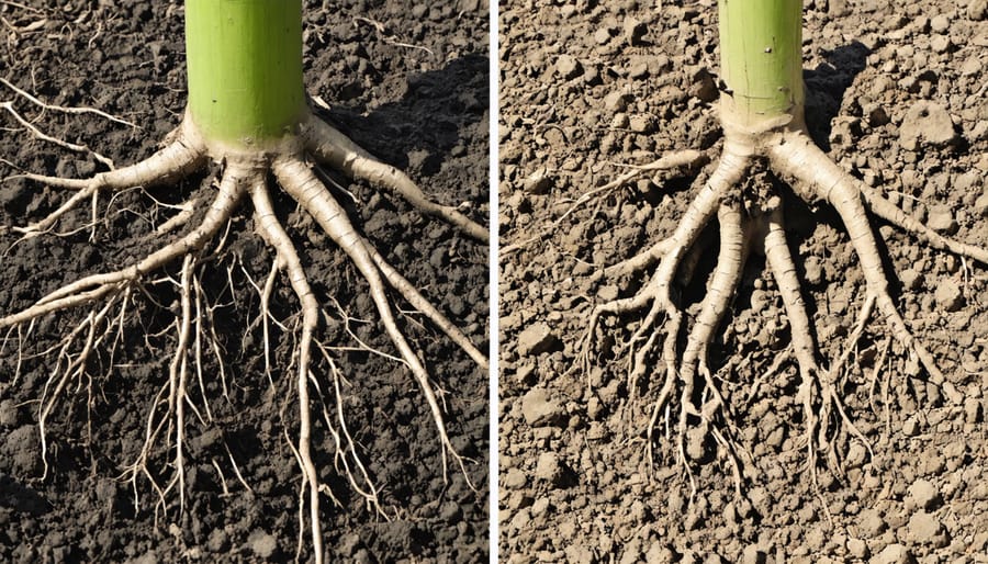 Comparison showing healthy garden soil next to eroded soil with exposed plant roots