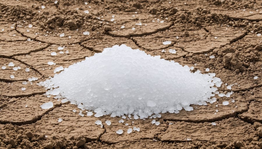 Close-up view of white salt deposits crystallized on dark garden soil