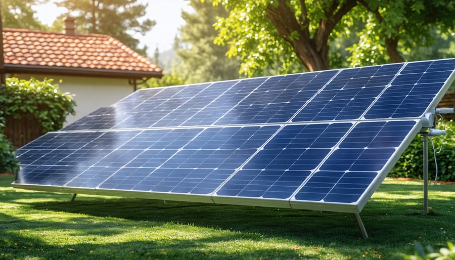 Close-up view of solar panel mounted on garden stake