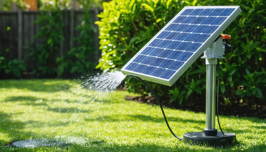 Solar-powered garden pump with attached hose spraying water in garden setting